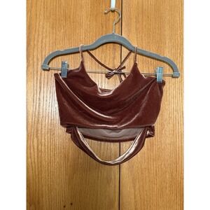 Chocolate Brown Velvet Halter‎ Top Wm L Tie Back Drape Neck 70s Festival Concert